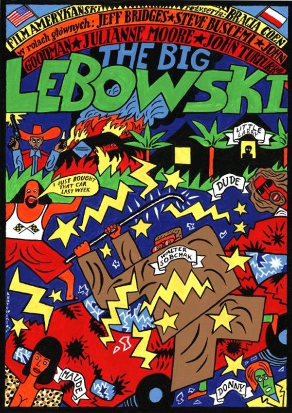 Psychedelic cartoon montage of characters from The Big Lebowski