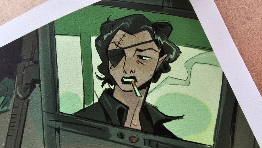 Detail shot of the agent's face on the tv screen.