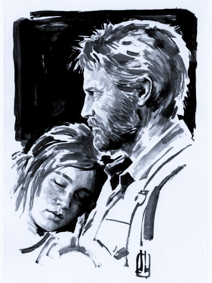 ink wash portrait of Joel, holding
unconscious Ellie from The Last of Us on
sketch book paper done with a brush and
black ink.