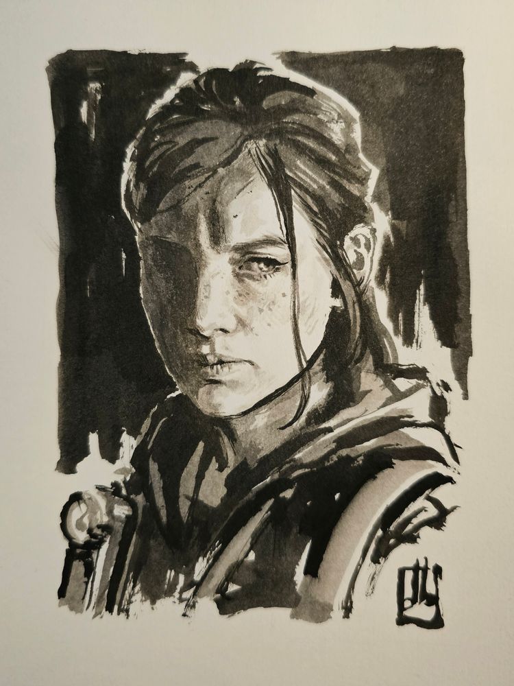 Ink sketch inside the Kickstarter exclusive The First of Us artbook. It's a portrait of Ellie from The Last of Us Part 2, partly in shadow.