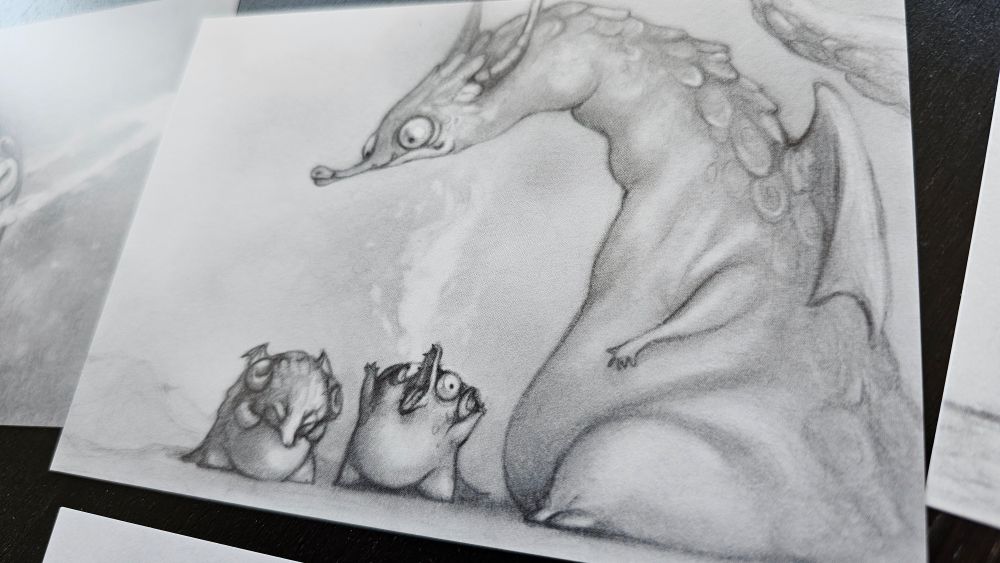 Postcard, pencil drawing of a dragon family,  one baby dragon screaming out with bursting fire.