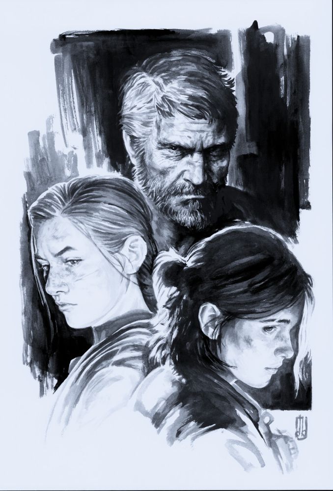 The Last of Us themed matt black ink illustration on 300g/m² A3 watercolor paper. This was offered as a one-off add-on as part of the Kickstarter campaign for the art book "The First of Us" and sold out immediately! You can see three portraits arranged one above the other with Joel, who is positioned bitterly tense with a half-shadowed face at the top of the picture, below on the left you can see Abby, with the right half of her face turned towards the viewer with a relaxed facial expression and slightly offset to the right, Ellie, who is showing the viewer her left side of the face, also with a relaxed, slightly sad facial expression. Only Joel is looking directly at the viewer - Abby and Ellie are looking pensively into the distance. This is a scan of the illustration.