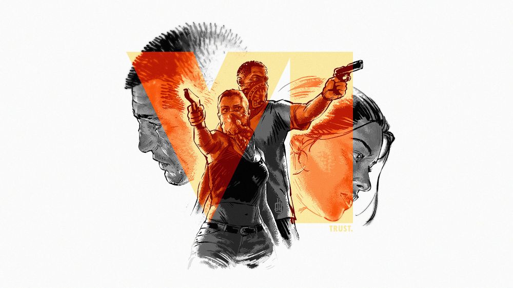 Fan art I did right after Grand Theft Auto VI Trailer 1 was revealed (Dec 2023). Orange, colorful, transparent "VI" logo with (black and white) Lucia and Jason robbing a store, guns up, wearing bandana face masks in the center of the image. There are bigger head portraits of both characters at the edges, behind the orange "VI", looking into the void / off screen. In the right corner, below the "I", there's a subtle "trust" written in orange, too (all-caps).