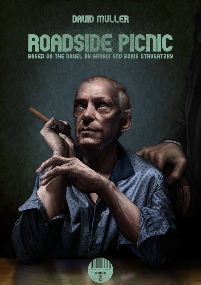 Cover art for book no. 2 of my final university thesis project from 2013: "Roadside Picnic", a sci-fi graphic novel. The digital illustration is showing a man, sitting at a table, resembling clearly some unique features of Kier, sitting in dramatic lighting, holding a cigar and looking at the viewer. 