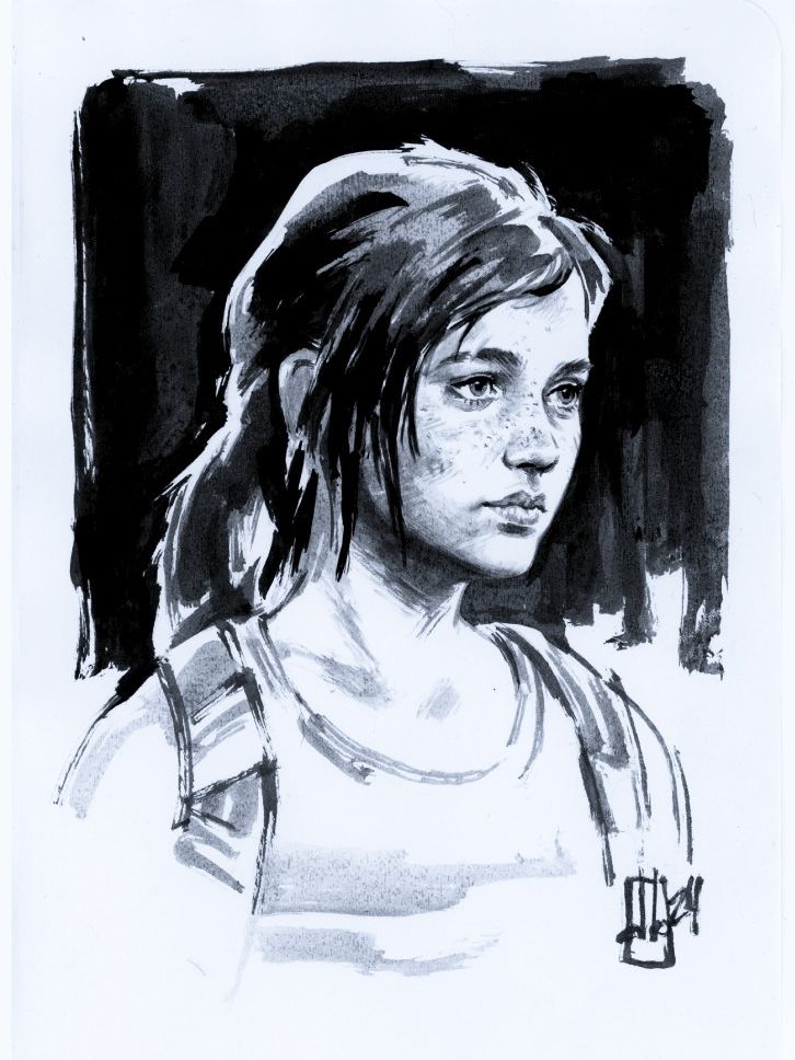 ink wash portrait of Ellie from The Last
of Us on sketch book paper done with a
brush and black ink.