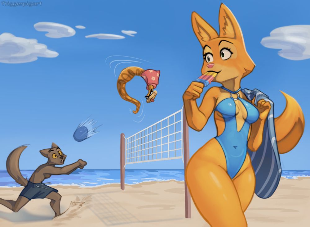 Diane Foxington at the beach, wolf and snake playing beach ball in the background.