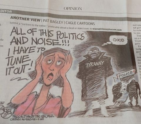 Political cartoon about tyranny and people being tired of the news cycle.