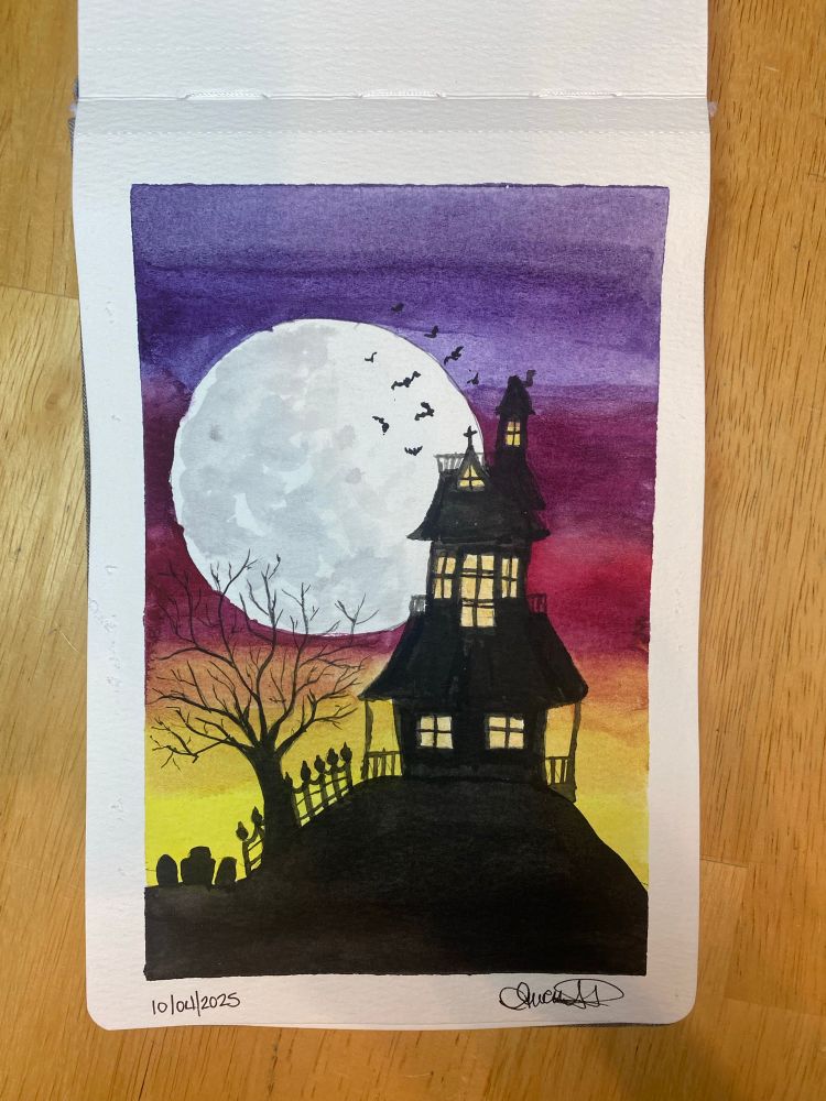 Watercolor painting of a Halloween haunted house on a hill with the moon in the background.