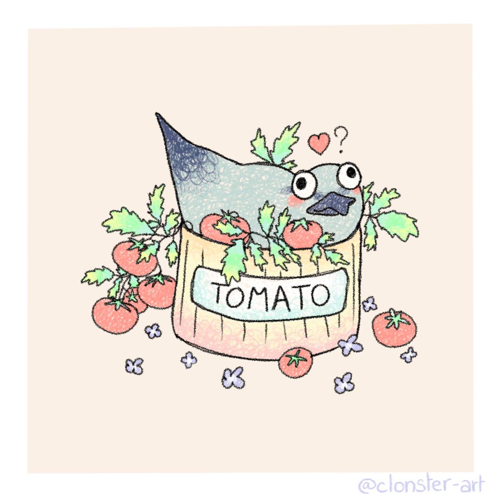 Simple digital drawing of a bird nesting inside a bucket with "tomato" written on it, overflowing with tomatoes