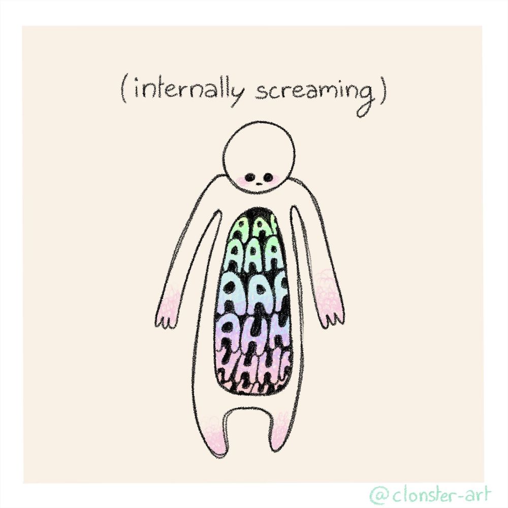 Simple digital drawing of a figure looking at its belly, inside of which rainbow letters spell "aahh"; with the caption "(internally screaming)"