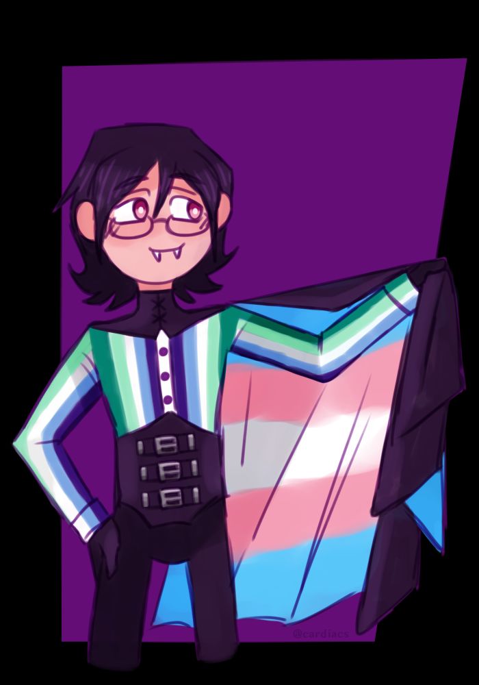 Digital chibi drawing of my OC Xavier (a vampire with black hair, pink eyes and glasses) in a variation of his usual outfit, but the inside of his cape features the colors of the transgender flag, while the stripes on his shirt are the colors of the green/blue gay flag. 