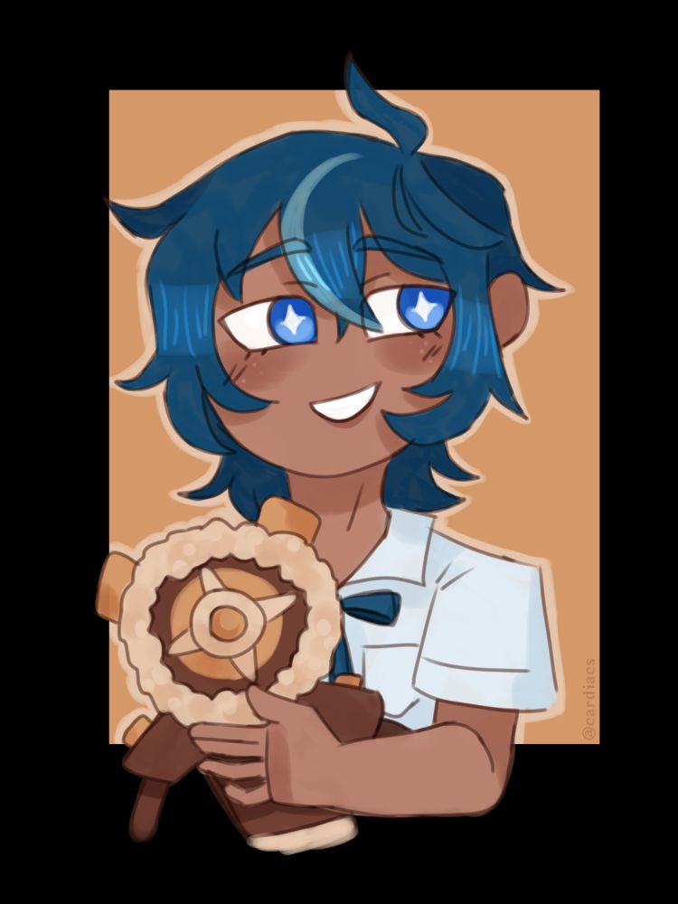 Chibi digital drawing of a boy with blue hair and blue eyes with star-shaped pupils holding a ruin guard plushie