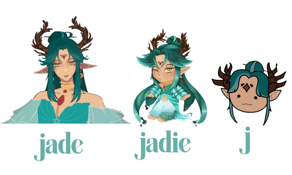 Bust up coloured sketch illustration of vtuber Jade Vangelis, an androgynous character with elf ears, tan skin, teal hair, brown horns, golden jewellery, a red huadian and sea+themed clothes with the caption "Jade"

Next to him is a chibified version with the caption "Jadie"

Lastly, an even more simplified chibi head that says "J"