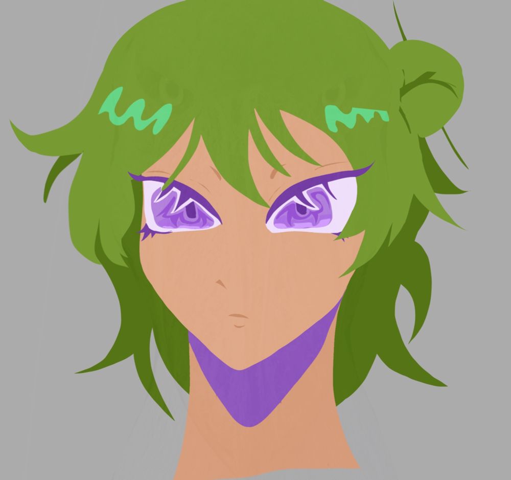 Lasso art headshot illustration of a character with purple eyes, green hair and somewhat tan skin

The shading is also purple and they have a serious expression they also wear part of their hair styled in a bun with a stick to keep it together 