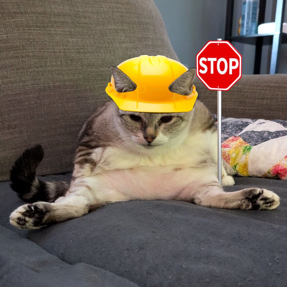 Thumb is sitting on the couch with her legs spread open and her belly out. She's wearing a yellow hard hat and has a STOP sign in one of her paws. This year she was a construction worker for Halloween. She says "I hope you had a good Halloween" 