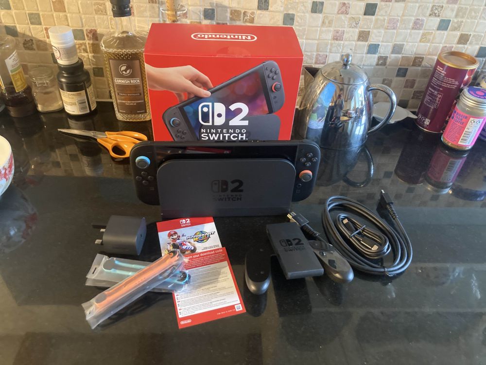 Switch 2, box contents laid out 