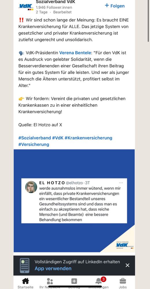 El hotzo Tweet, dass er wütend über die existenz privater Krankenversicherungen ist, auf LinkedIn vom Sozialverband VdK geteilt