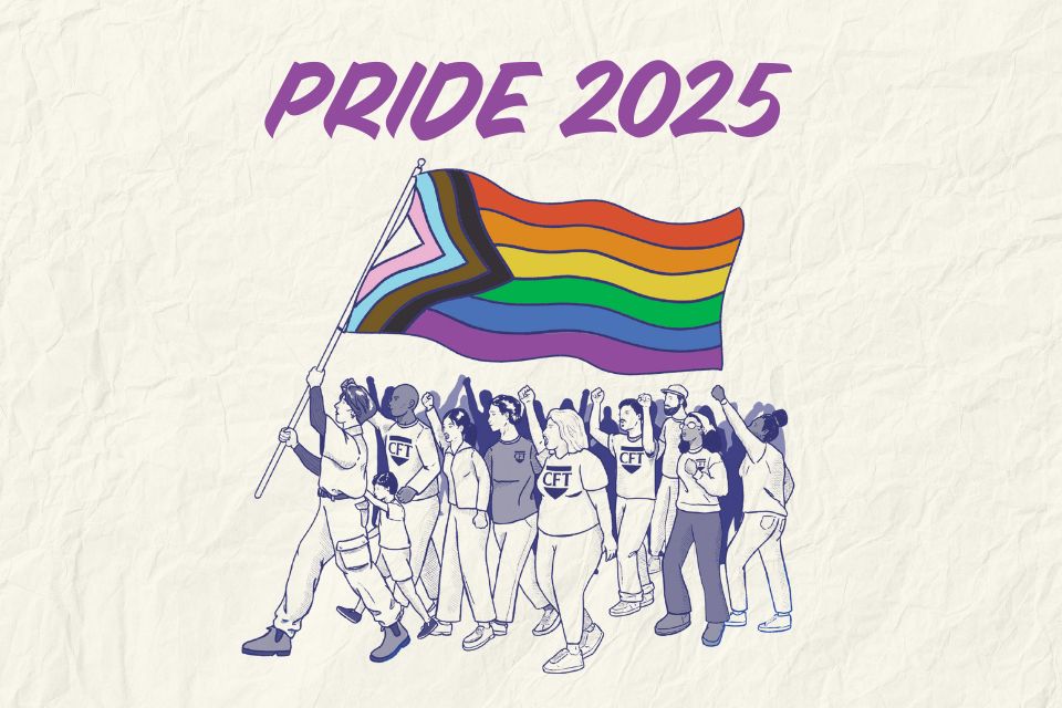 People marching under a Pride flag with their hands raised in the air. The title says Pride 2025. 