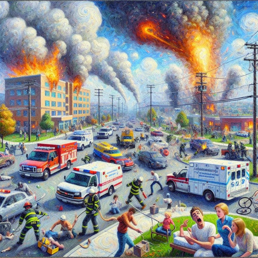 Chaotic scene involving multiple ambulances, car collisions, building fires and individuals screaming. It is styled like a Van Gogh painting. 