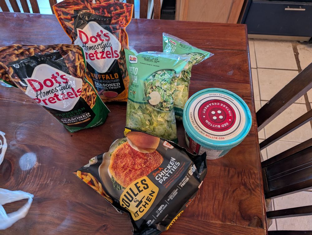 2 bags of pretzels a bag of spicy chicken patties, 2 salad mixes and a 1/2 gallon of ice cream.