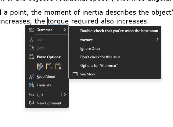 Grammar suggestion in Microsoft Word to change "torque" to "torture" in a lab report on moment of inertia for a University Physics course.