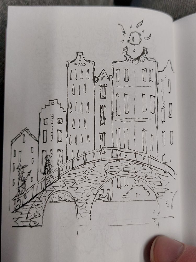 Rough ink sketch of two figures on a bridge in the foreground with an array of townhouses behind them- one with a manic eye floating above it