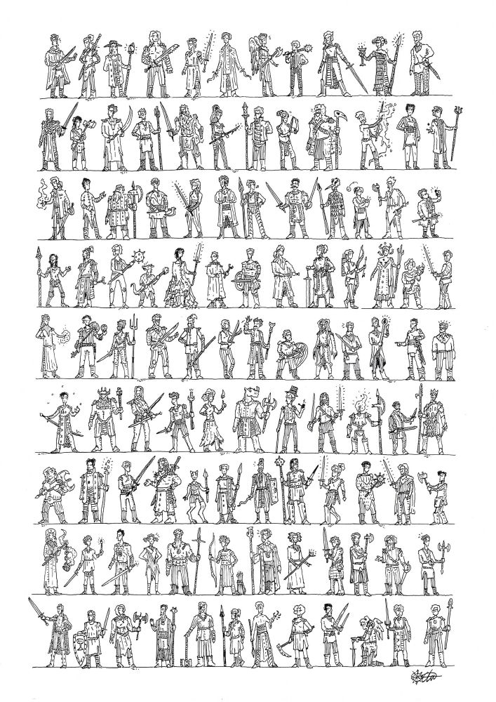 A page of tiny doodle figures, each different and all armed with various fantastical arms and armour.