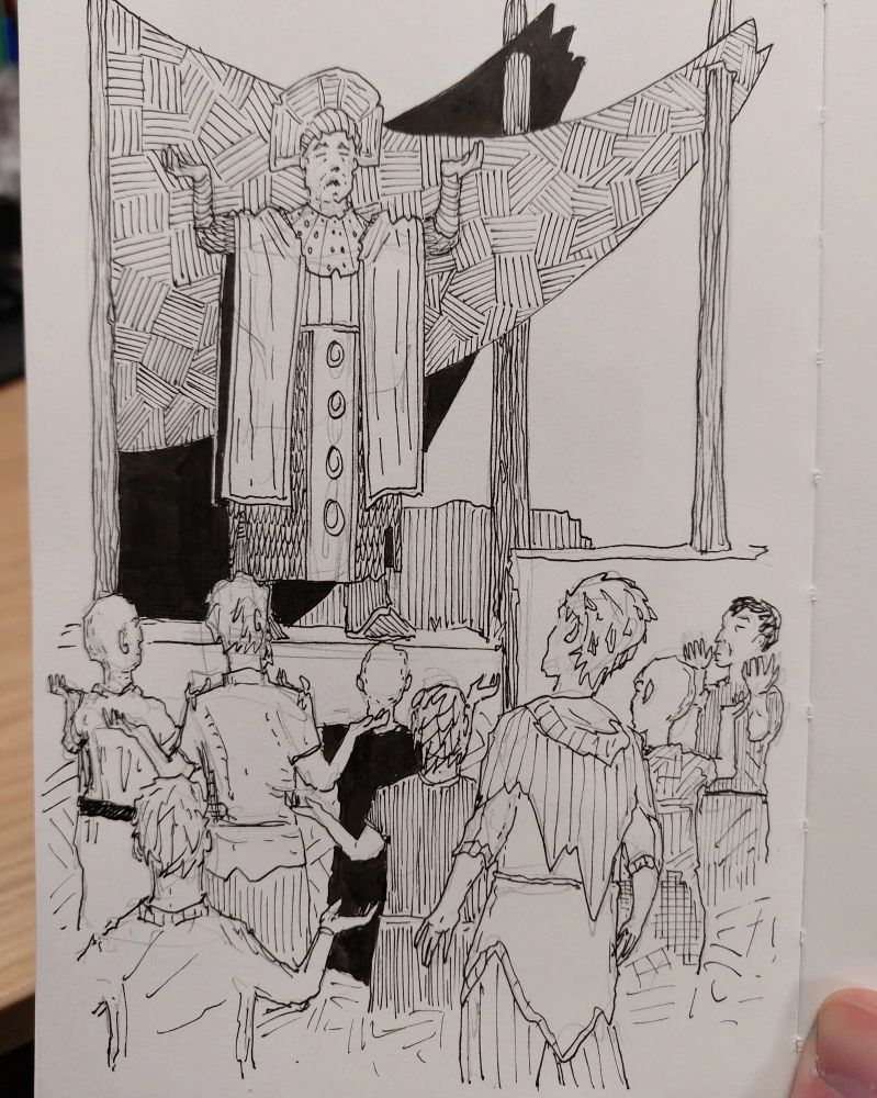 Stylised ink illustration. A preacher in robes stands with arms upheld in a chalice pose, with tents above and behind him. A small crowd gathers and copies the pose. One figure in the foreground of the crowd watches without copying.