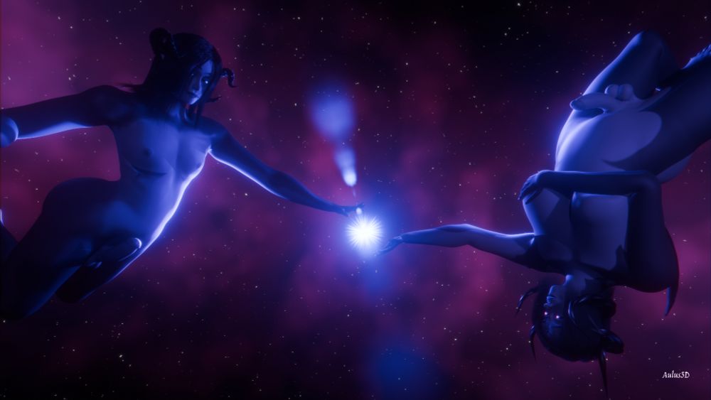 My characters Alder (L) and Ash (R) floating in the void of space. A purple nebular dotted by white stars dominates the background. A bright blue start bathes them both, while blowing out the camera. 

Alder and Ash are reaching for each other, the star between their hands. Both of them are erect and are slightly upright. Ash is upside down while covering her breasts with her arm. 