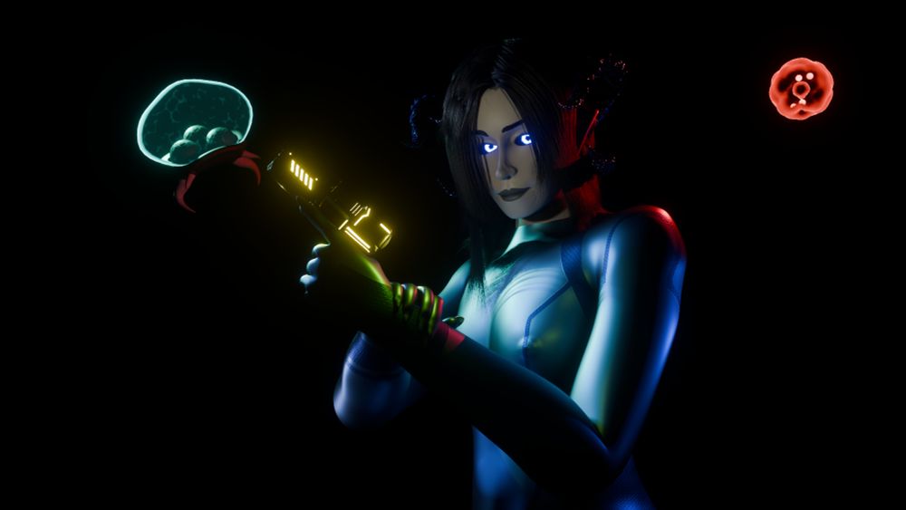 Alder standing mid frame wearing Samus's zero suit from the metroid series. A metroid and red X parasite float to the left and right respectively. Alder is holding Samus's pistol int he air at 45 degress as their other hand rests on their wrist. Their chest is flat and their nipples poke through the suit.