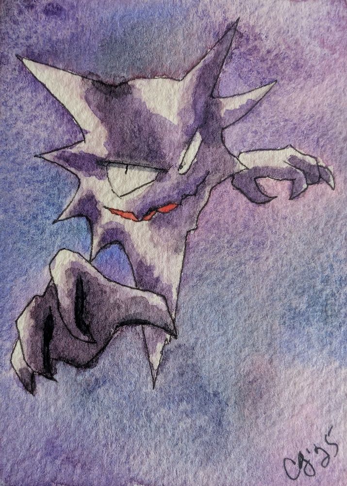 Watercolor painting of Haunter. They're reaching towards you in a somewhat menacing fashion