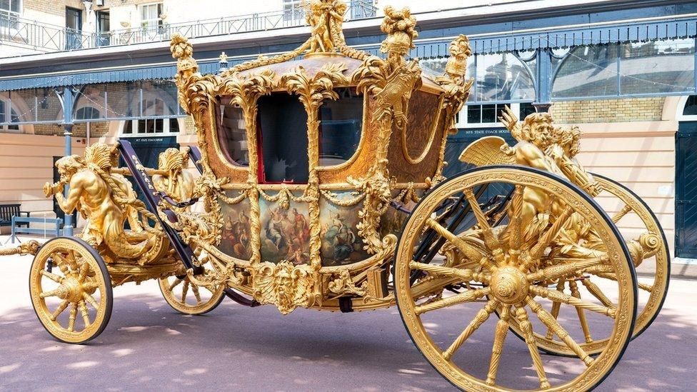 Hideously ornate golden carriage used for the coronation of the Charlie Formerly Known As Prince