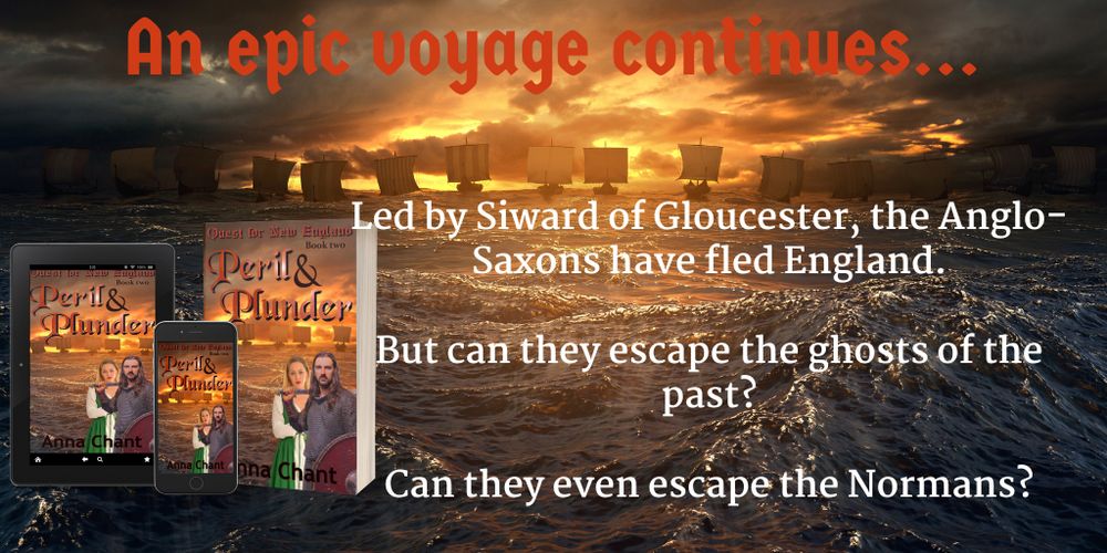 Beneath a stormy sky, a row of Viking-style ships sail on a rough sea. In the foreground is historical fiction novel Peril & Plunder. The cover features the same Viking-style boats on the storm sea with a couple in the foreground - a blonde woman in a long green and white medieval dress and a long-haired man in a mail shirt, holding a shield in one hand and his sword in the other. The heading reads: An epic voyage continues. The text says: Led by Siward of Gloucester, the Anglo-Saxons have fled England. But can they escape the ghosts of the past? Can they even escape the Normans? https://mybook.to/PerilandPlunder