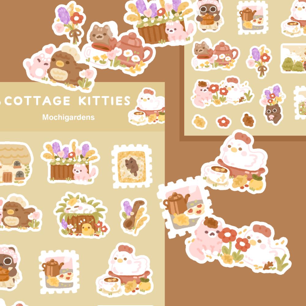 A sticker sheet mockup showcasing various cottagecore stickers of cats and chickens! Includes a cat peeking out of a window of a cottage, a tiny cat chilling next to a flower box, various stamps, a cat and chicken cuddling, a cat napping in a planter, a cat carrying a piping hot pot, a cat and chicken hanging out among flowers etc~