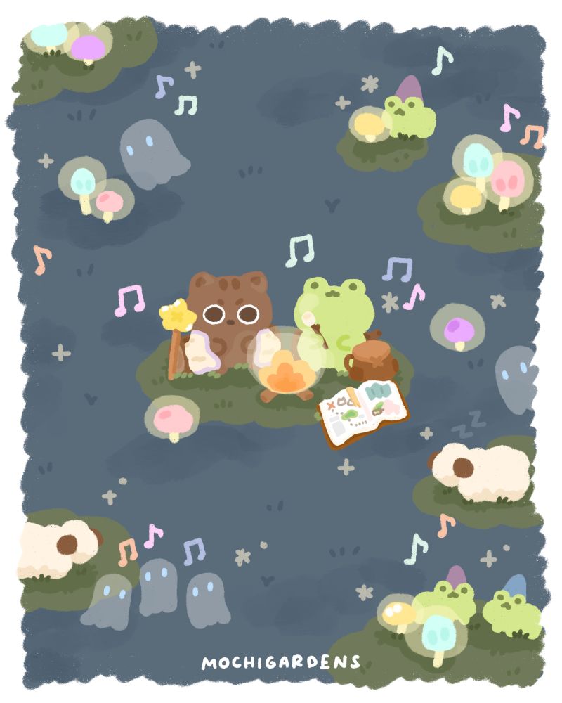 An illustration of a cat and frog taking a breather after a long day of travelling! They are sitting around a campfire while tiny ghosts, frogs and sheep hang out near them.