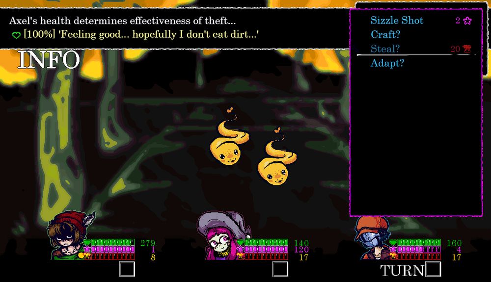 The picture depicts a skill menu displaying Axel's ability of stealing depending on how well his health value is.