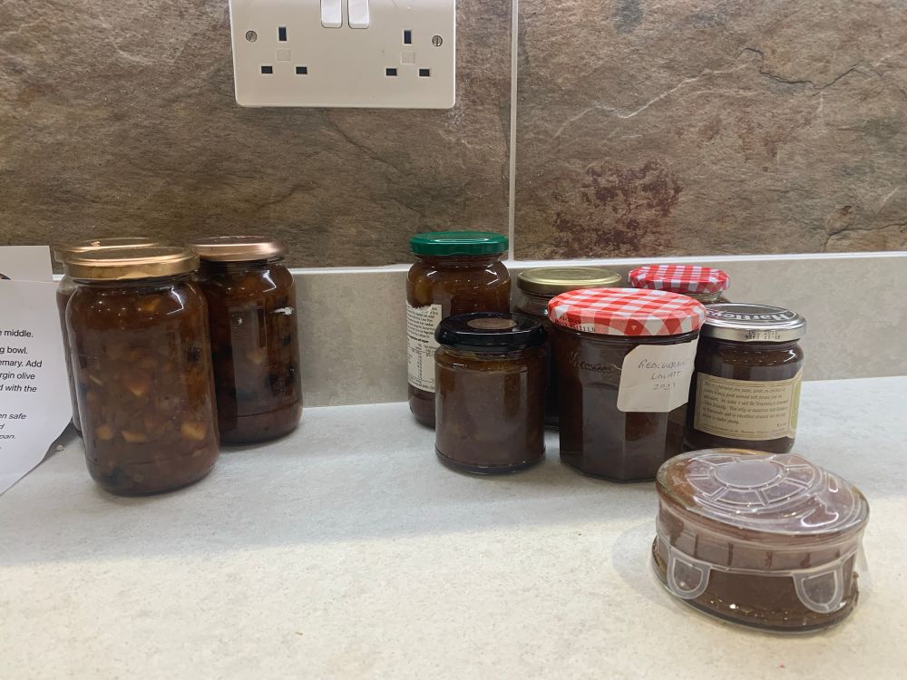 Three jars of Apple chutney left and six jars of slightly ‘caramelised’ Apple and rhubarb jam, recycled jars, because no one other than me will want this.