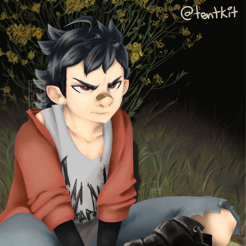 My original character, Kit, a young adult werewolf. He being lit by a flash from a camera, sitting in a grass field at night. A bush of yellow flowers behind him. He looks angyyy.