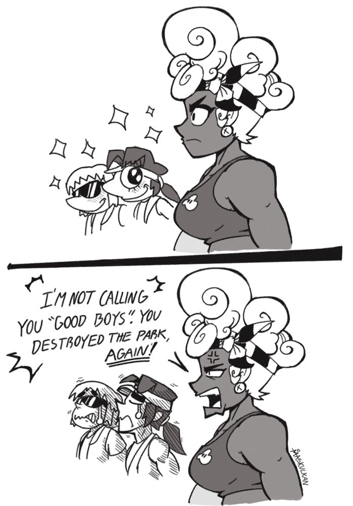 First panel: Side-profile Maisie, frowning a little while Fang and Buster in the background look at her with big, bright eyes, and blushing, as if waiting for her to say something nice to them.

Second panel: Maisie, not even looking at them, but becoming more annoyed and saying “I’m not calling you ‘good boys’. You destroyed the park, again!”, while Fang and Buster try not to cry.