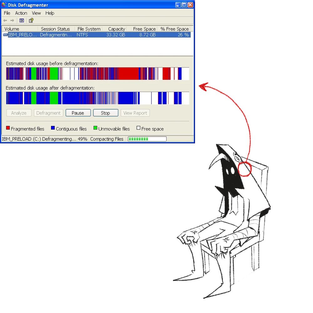 M.K sitting on a chair, grabbing his ankles and with a red circle around his head, connected to an arrow pointing to a screenshot of Windows XP’s Disk Defragmenter tool