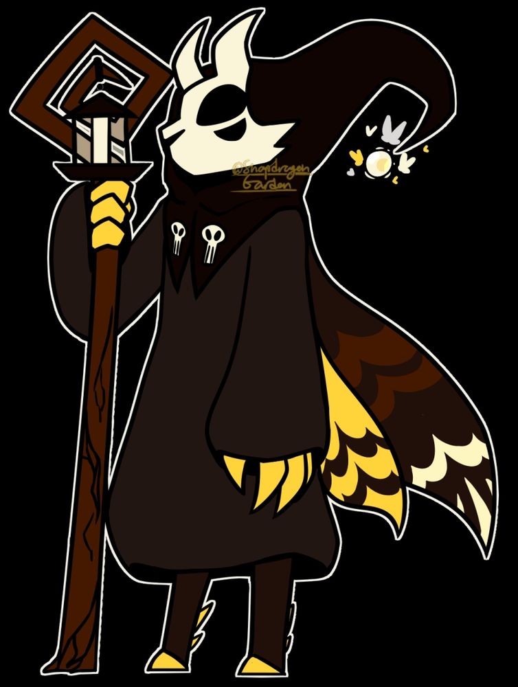 The same Death's Head Hawmoth design with clothing and a lantern-bearing staff. The cloak is a dark, less saturated brown with an almost black hood, which has two elongated skull designs, and goes down past the character's knees. From the cloak, fake wings hang in the colors of the moth's main body. A mask is worn, with two spikes on each cheek, two curved horns, and four eye-holes. A fake nose is also carved into it. The staff is plain brown, curled into a spiral, and holds a lantern styled like a bug zapper at the tip of it. On the tip of the hood, there's an orb of light the same color of the lantern, nondescript moths of different yellows and grays swarm around it.