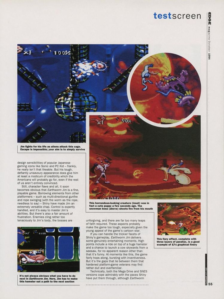 EDGE #13, Oct '94 - Review of 'Earthworm Jim' for the Genesis & SNES.