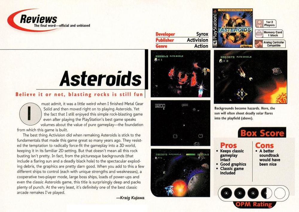 Official U.S. PlayStation Magazine #16, Jan '99 - Review of 'Asteroids' on the PlayStation.
