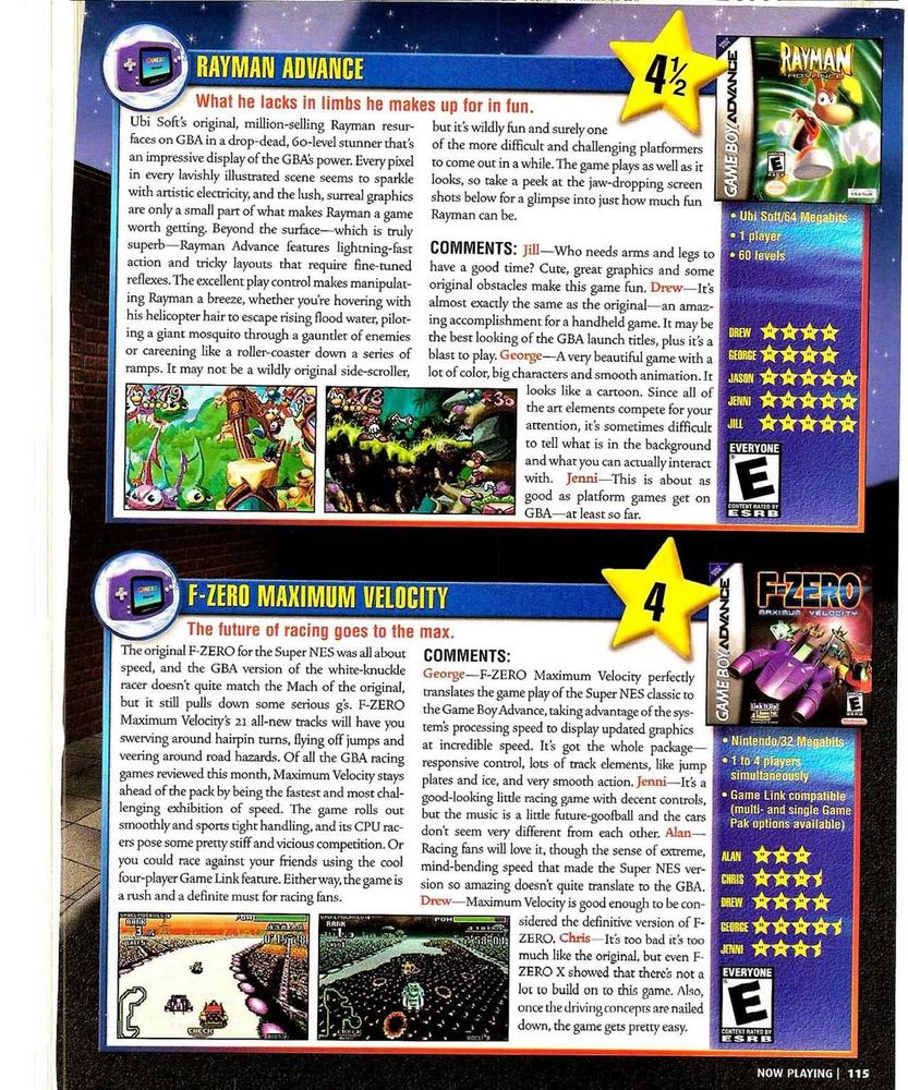 Nintendo Power #145, June 2001 - All the reviews. 'Rayman Advance', 'Pitfall' and 'Super Mario Advance'. I recall the 'Earthworm Jim' port to GBA was not great.