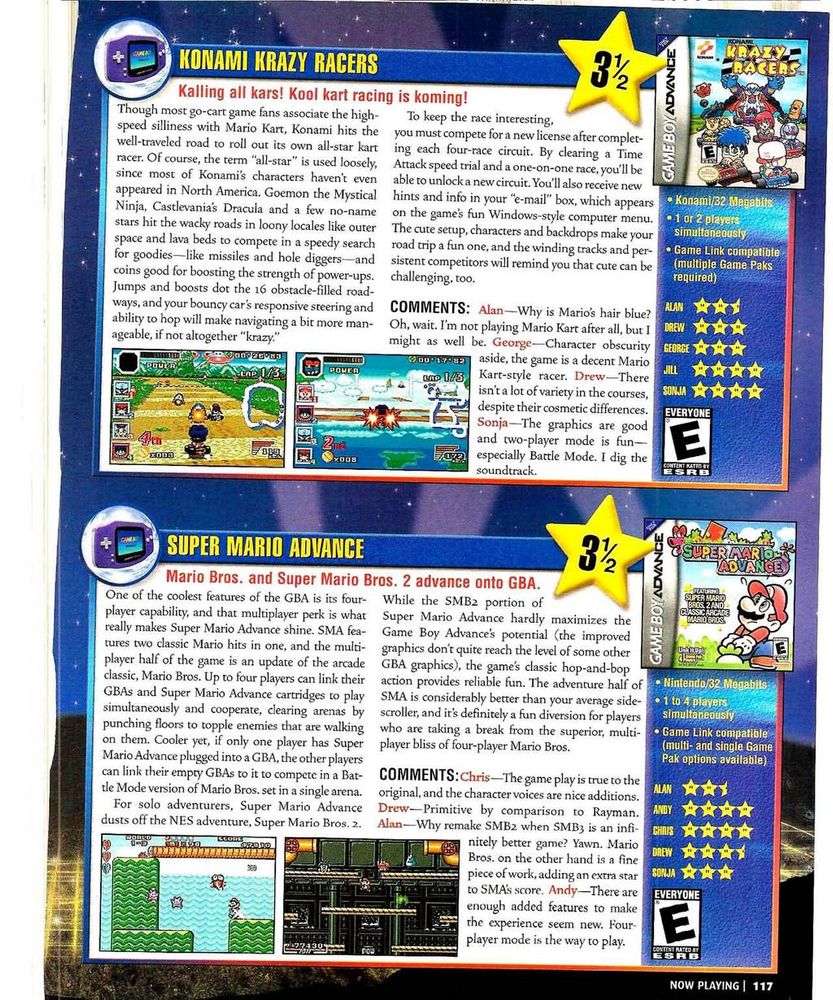 Nintendo Power #145, June 2001 - All the reviews. 'Rayman Advance', 'Pitfall' and 'Super Mario Advance'. I recall the 'Earthworm Jim' port to GBA was not great.