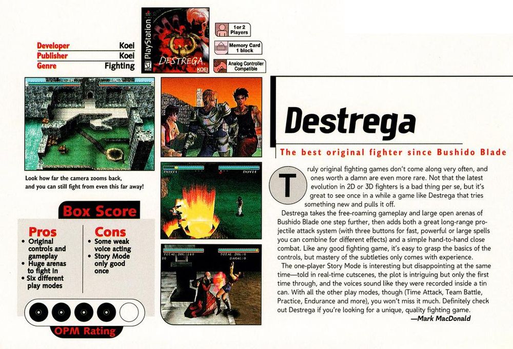 Official U.S. PlayStation Magazine #16, Jan '99 - Review of 'Destrega' on the PlayStation.