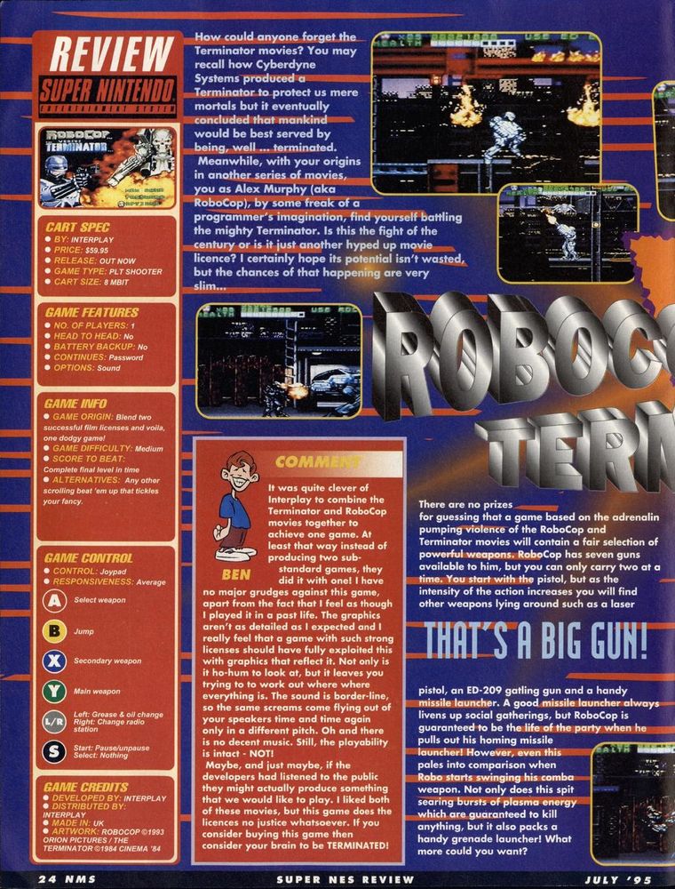 Nintendo Magazine System Australia #28, July '95 - 'Robocop Vs Terminator'.