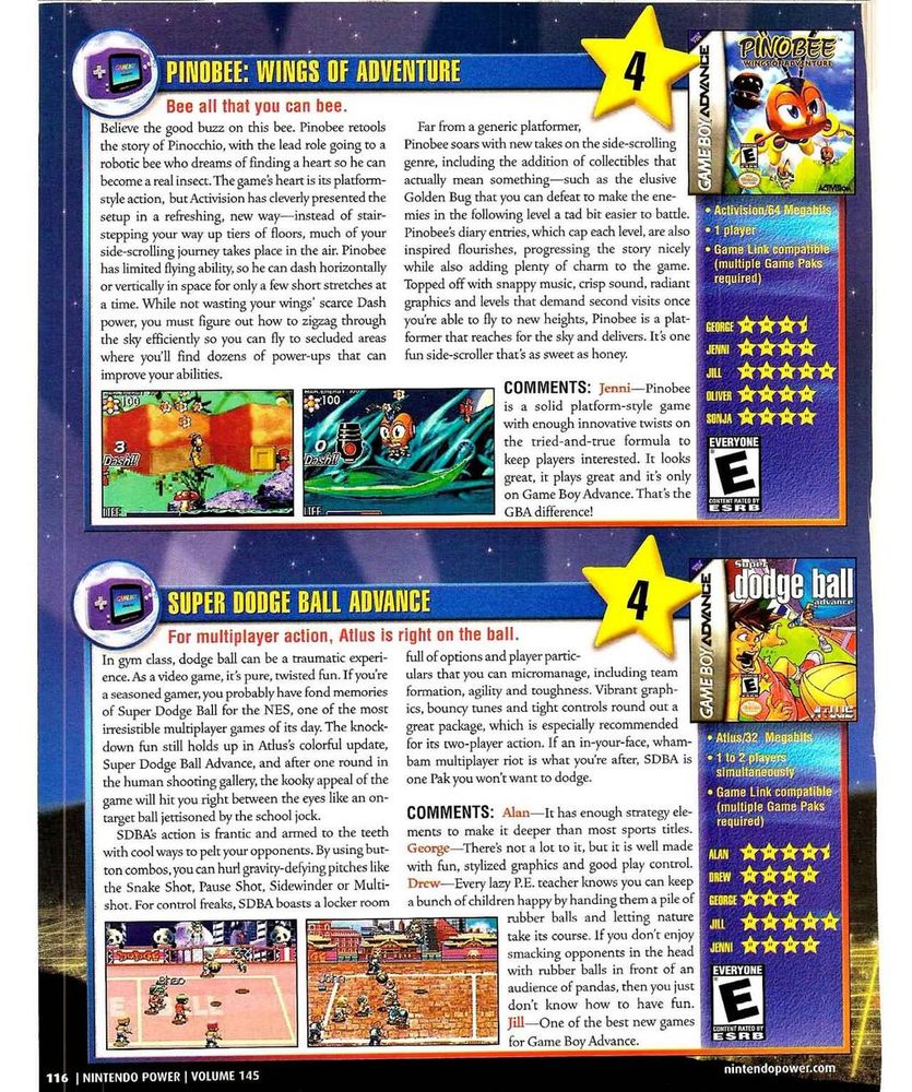 Nintendo Power #145, June 2001 - All the reviews. 'Rayman Advance', 'Pitfall' and 'Super Mario Advance'. I recall the 'Earthworm Jim' port to GBA was not great.