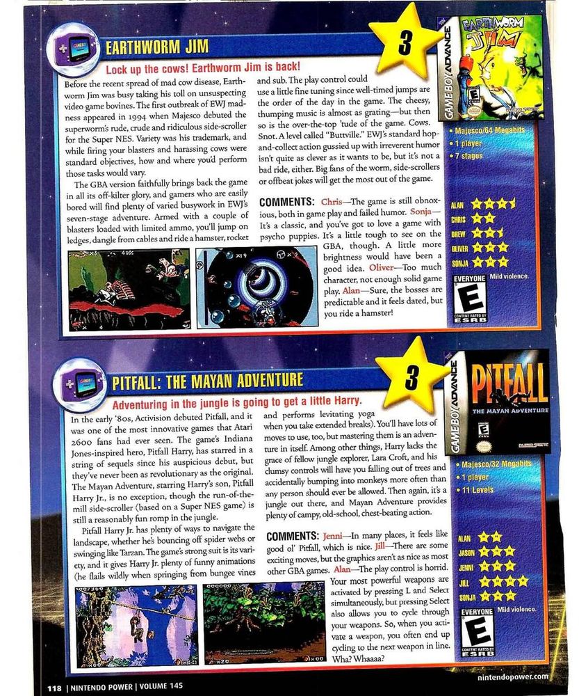 Nintendo Power #145, June 2001 - All the reviews. 'Rayman Advance', 'Pitfall' and 'Super Mario Advance'. I recall the 'Earthworm Jim' port to GBA was not great.