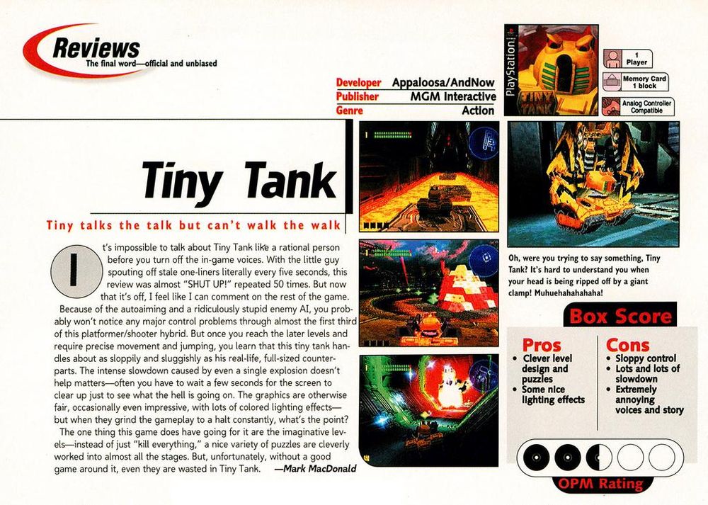 Official U.S. PlayStation Magazine #16, Jan '99 - Review of 'Tiny Tank' on the PlayStation.